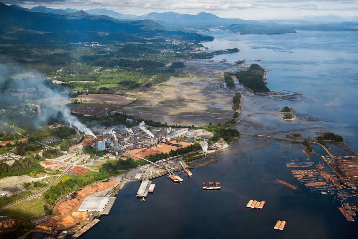 Aerial view of the Crofton mill site on Vancouver Island, showing the industrial waterfront, Shoal Island dock, log booms, and the surrounding coastal landscape looking toward Saltspring Island.